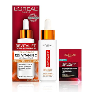 L'Oreal Paris Revitalift 12% Pure Vitamin C Serum Brightening Serum For Face with Vitamin E Salicylic Acid 1 oz + Moisturizer Sample