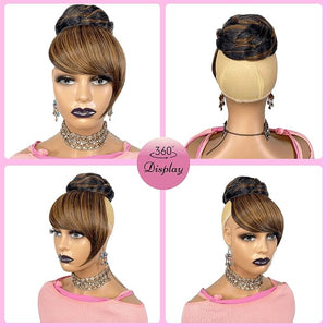 Large Hair Bun and Bang Set 2PCS - Brown Black Highlight Braided Bun N Bang Clip-in Updo Bride Chignon Fringe Ponytail with Swoop Side Bangs Hair Piece for Black Women - 2H30 (Chestnut Brown)
