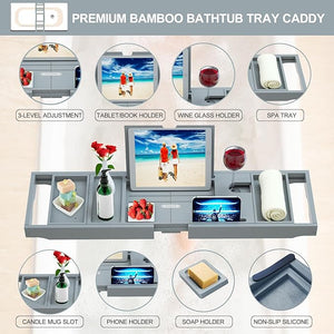 Premium Bamboo Bathtub Caddy - Expandable Size Fits Most Bath Tubs - Grey