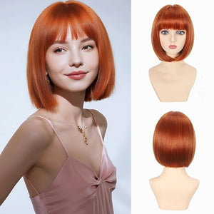 Ginger Bob Wig with Bangs for Women Short Straight 12 Inch Orange Auburn Wig Natural Looking Heat Resistant Synthetic Wig for Daily Party Cosplay Halloween Use
