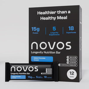 Novos Longevity Meal Bar - Salted Chocolate Crunch - 15g Protein Bar 5 Longevity supplements 20 Superfoods Seed Oil Free Targets Causes of Aging Skin Mind and Mood Support Vegetarian 12-Pack