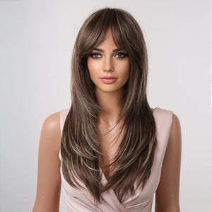 HAIRCUBE Long Layered Synthetic Hair Wigs for Women with Bang(Brown with Highlights)