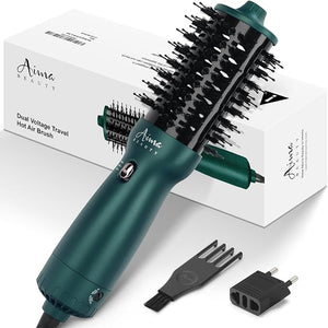 Aima Beauty Hair Dryer Brush Dual Voltage Worldwide Travel Blow Dryer Brush Hot Air Brush Oval Barrel 110-120V/220-240V 360¡ÆAirflowNegative Ionic Frizz-Free Dry/Straightening/Voluming Dark Green