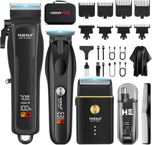 HIENA PRO Hair Clippers for Men Professional Cordless Barber Clipper &amp T-Blade Beard/Hair Trimmer Set Electric Razor Foil Shaver Nose Trimmer Barber Kit Men's Hair Cutting Kit with LED Display