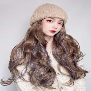 Woman Wig Winter Beanie Hat Wig Extension Long Wavy Curly Wig with Plush Knitted Hat Warm Wig