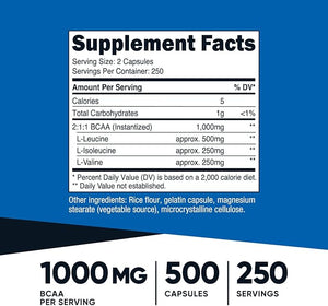 Nutricost BCAA Capsules 2:1:1 500mg 500 Caps (3 Bottles)
