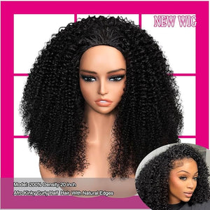 Glueless Half Wigs Human Hair Kinky-Curly Headband Wig Upgrade 3 In 1 Half Wig with Drawstring Seamless Clip Ins Flip Over 200 Density Curly Human Hair Wig For Black Women 16 Inch