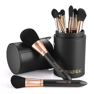 OMANIAC Makeup Brush Set Professional 12 Pearlescent Wood Handle Makeup Brushes Premium Cruelty-Free Synthetic Fiber Hair Travel Make up Brushes Set with Case (Black).