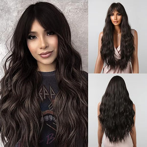 BERON Brown Long Wigs Women Wavy Wig with Bangs 28 Inches Curly Synthetic Wigs for Cosplay Party Wigs Wig Cap Included