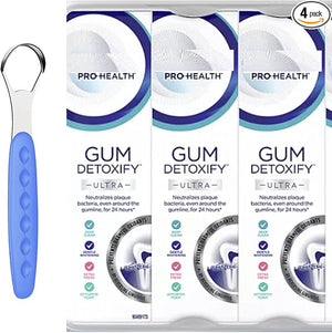 Pro-Health Gum Detoxify Ultra Toothpaste with Gentle Whitening 4.7 oz (Pack of 3) Gum and Enamel Protection Bundle with Stainless Steel Tongue Cleaner Pro