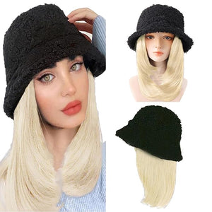 Women Winter Lambs Wool Bucket Cap with wig Fisherman's cap wig sun visor cap fake straight hair Beanie hat Wig
