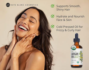 Kate Blanc Cosmetics Argan Oil for Hair Face &amp Skin from Morocco (4oz USDA Certified Organic Cold Pressed &amp 100% Pure Light)