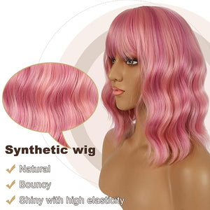 Short Bob Wigs with Bangs for Women Loose Wavy Wig Curly Wavy Shoulder Length Bob Synthetic Cosplay Wig for Girl Colorful Costume Wigs (Lovely Pink)