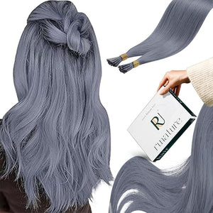 RUNATURE I Tip Hair Extensions Real Human Hair Grey Blue Colored Hair Extensions 22 Inch Long I Tip Hair Extension Human Hair Blue Pre Bonded Hair Extension Remy Natural Hair for Women 25g 25s