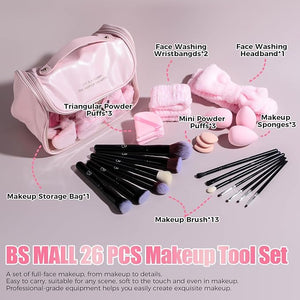 BS-MALL Makeup Brush Set with Waterproof Travel Bag &amp Makeup sponges -26 Pcs Set Triangle Puff &amp Face Washing PuffsFace Wash Headband Wristband for Travel Go Camping Gift &amp Makeup Beginne
