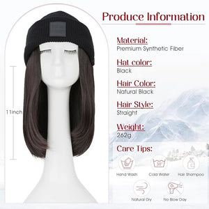 S-noilite Beanie Wig Hair Extensions11 Inch Short Straight Hair Extensions with Knitted Hat Hairpieces for Women Winter Medium Brown
