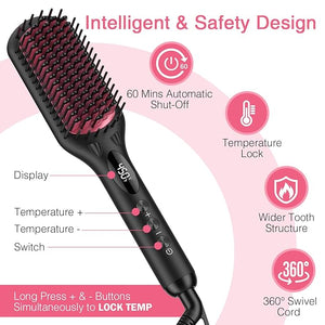 Enhanced Ceramic Hair Straightener Brush by MiroPure 2-in-1 Ionic Straightening Brush with Anti-Scald Feature Auto Temperature Lock &amp Auto-Off Function (Black)