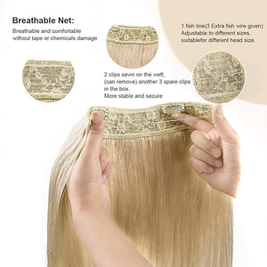 RECOOL Wire Hair Extensions Real Human Hair Caramel Blonde Remy Hair Extensions Invisible Wire Fish Line Hair Extension Straight Clip in Hair Extension 12 inches