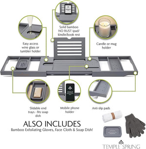 Temple Spring Wooden Bathtub Tray Bamboo Bathroom Accessories Bath Tray for Tub at Home Spa Essentials Board for Tub Table Bath Caddy for Bathtub Accessories &amp Bathroom Essentials ? Slate Gre