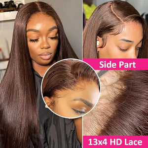 Hermosa 13x4 Chocolate Brown Lace Front Wigs Human Hair 180 Density Straight Brown Lace Frontal Human Hair Wigs Pre Plucked Hairline 4# Brown Color 30 Inch