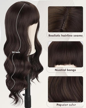 Brown Long Wavy Wigs Real Human Hair with Bangs for Party Daily Use Heat Resistant Breathable Capless Lightweight Tangle Free (Brown26 Inch)