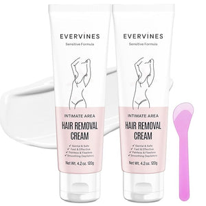 Hair Removal Cream for Women: Bikini Pubic &amp Intimate Areas Legs Arms Underarms - Fast Gentle Painless Depilatory with Scraper for Sensitive Skin at Home or Travel (4.2oz)