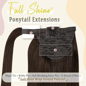 Full Shine Pony Tails Hair Extensions Human Hair Natural Short Wrap Around Dark Brown Clip in Ponytail Human Hair Ponytail Extension For Women 70g 14 Inch