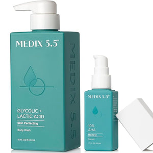 MEDIX Glycolic Acid Exfoliating Body Wash KP Bump Eraser Cleanser + 10% Glycolic Acid Serum 2PC Skin Care Set | AHA Exfoliant Body Wash + Serum Refine &amp Soften Dead Dry Skin Bumps &amp Wrinkles