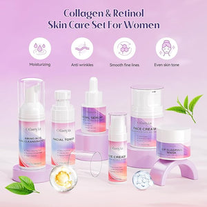Ofanyia Collagen Retinol Skincare Set 6 Pcs Anti-Aging Skin Care Set with Hydrating Cleanser Eye Cream Toner Cream &amp Lip Mask Facial Kit for Women Christmas Valentines Birthday Gift for Her
