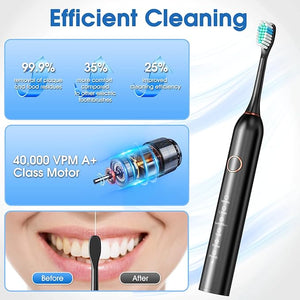 Electric Toothbrush Sonic Type for Adults &amp Teens 8 Brush Heads Travel Case 6 Modes 40000 VPM Electric Motor IPX7 Waterproof 2 Minutes Timer Wireless Charging One Charge for 100 Days£¨Blac