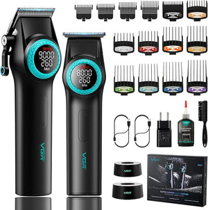 VGR 001 &amp 977 Professional Hair Clippers for Men Cordless Barber Clippers and Zero Gap Trimmers Set DLC Coating Blade Hair Cutting Kit with LED Display USB Rechargeable Barber Set(Black)