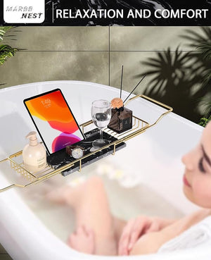 Bathtub Tray Caddy for Luxury Bath Expandable Extra Wide Bath Tub Tray with Natural Marble Tray and Mobile/Tablet Stand, Ideal for Home Spa Lovers (Gold + Black)