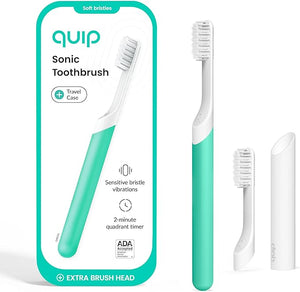 Quip Sonic Toothbrush for Adults with Timer - Includes Extra Brush Head and Travel Cover Mount - Electric, Soft Bristle Refill Head, Plastic Handle, 3 Month Battery Life - Travel Toothbrush - Green
