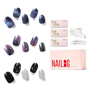 NAILOG Semi Cured Gel Nail Strip Starter Kit - (Include 60Pcs Nail Stickers 1 UV Lamp and 2 Nail Files) Long Lasting Gel Nail Wraps Gift Kit for Christmas Day Skyscape