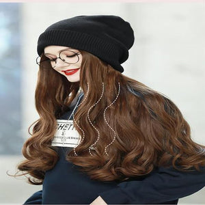 Women Winter Beanie Hat Wig Knit with Long Straight/Wig Wavy Curly Hair Wig Attached 23.6 Inch Synthetic Hairpiece