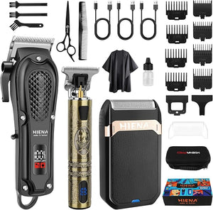 HIENA PRO Professional Hair Clippers for Men, Cordless Hair Clipper for Hair Cutting Kit 3-in-1 LED Haircut Set with Foil Shaver, USB-C Rechargeable Barber Clippers for Men