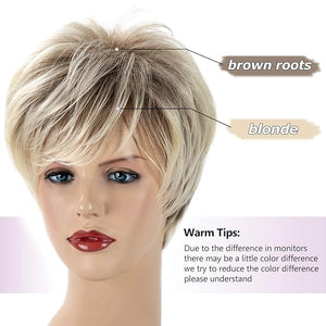 SEVENCOLORS Short Blonde Pixie Cut Wigs for White Women Blonde Mixed Brown Synthetic Wigs Natural Looking Short Hair Wig with Bangs