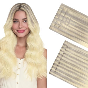 GOO GOO Invisi Edge Clip in Hair Extensions Set 14inch 170g 5pcs Injected Seamless PU Clip ins and 2pcs Classical PU Clip ins Virgin Real Human Hair #(T17/22) P60