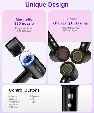 High-Speed Ionic Hair Dryer: 150000 RPM Brushless Motor 500 Millions Negative Ionic Care Blow Dryer for Fast Drying Low Noise Thermo-Control Hairdryer, Travel with Magnetic Diffuser &amp; Nozzle