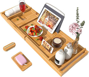 Bath Caddy Tray for Bathtub - Bamboo Adjustable Organizer Tray for Bathroom with Free Soap Dish Suitable for Luxury Spa or Reading