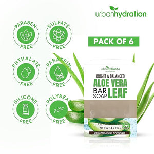 Urban Hydration Aloe Vera Face &amp; Body Bar Soap 6 Pack | Suitable for Daily Use, Silicone, Paraben, Polybead and Sulfate Free, Safe for Oily, Psoriasis and Eczema Prone Skin | 4.2 Ounces