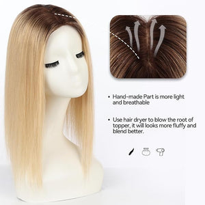 HAIRCUBE Human Hair Toppers For Women 100% Remy Human Hair No Bangs 120% Density Silk Base Clip In Topper For Slight Hairloss For Women 16 inch 60g - Ombre Light Blonde