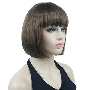 Lydell 8 Straight Short Bob Wigs Heat Resistant Synthetic Hair Flat Bangs Cute Central Dot Skin (10 Medium Golden Brown)