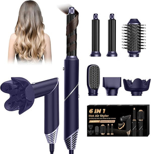 6 in 1 Hair Dryer Brush, Foldable Blow Dryer Brush with Wrap Curler, Detachable Air Hair Styler Curling, Drying,Volumizing, Straightening