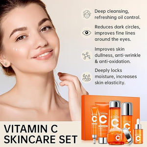 SKK Vitamin C Skin Care Set 6 Piece Skin Care SetSkin Care Gift Set for Women Facial Care Set Includes Cleanser Eye Cream Facial Essence Moisturizing Lotion Face Cream Toner. (VitaminC)