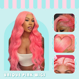 Pink Lace Front Wig Human Hair 200 Density 13x4 Body Wave HD Lace Front Wigs Human Hair Pre Plucked With Baby Hair Pink Color Human Hair Wig For Women 32 Inch