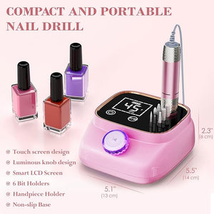 Electric Nail Drill 45000 RPM Professional Rechargeable Nail File Kit Nail Drill Machine Nail Grinder Acrylic Nail Kit for Any Manicure Pedicure Gel Polishing Removing Pink
