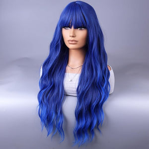 BERON Blue Long Wigs Curly Wavy Women Wigs with Bangs Dark Blue Heat Resistant Synthetic Wigs for Cosplay or Daily Wigs Wig Cap Included