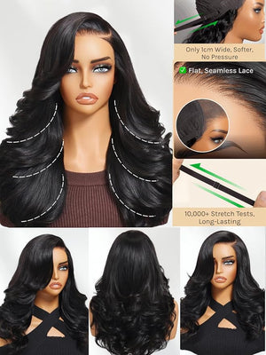 Julia Hair Bye Bye Slip Wig Feathered Layer Side Part Human Hair Wig 200% Density 7X5 Pre Cut Lace Closure Loose Body Wave Wigs Pre Everything Glueless with Secure Silicone Strips Drawstring 14 Inch