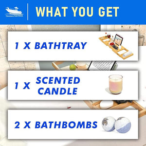 Foldable Bathtub Tray Expandable to 109cm with Bath Bomb and Scented Candle, Adjustable, Waterproof Bamboo Bathtub Caddy with Anti Slip Grip Pads for Home Spa